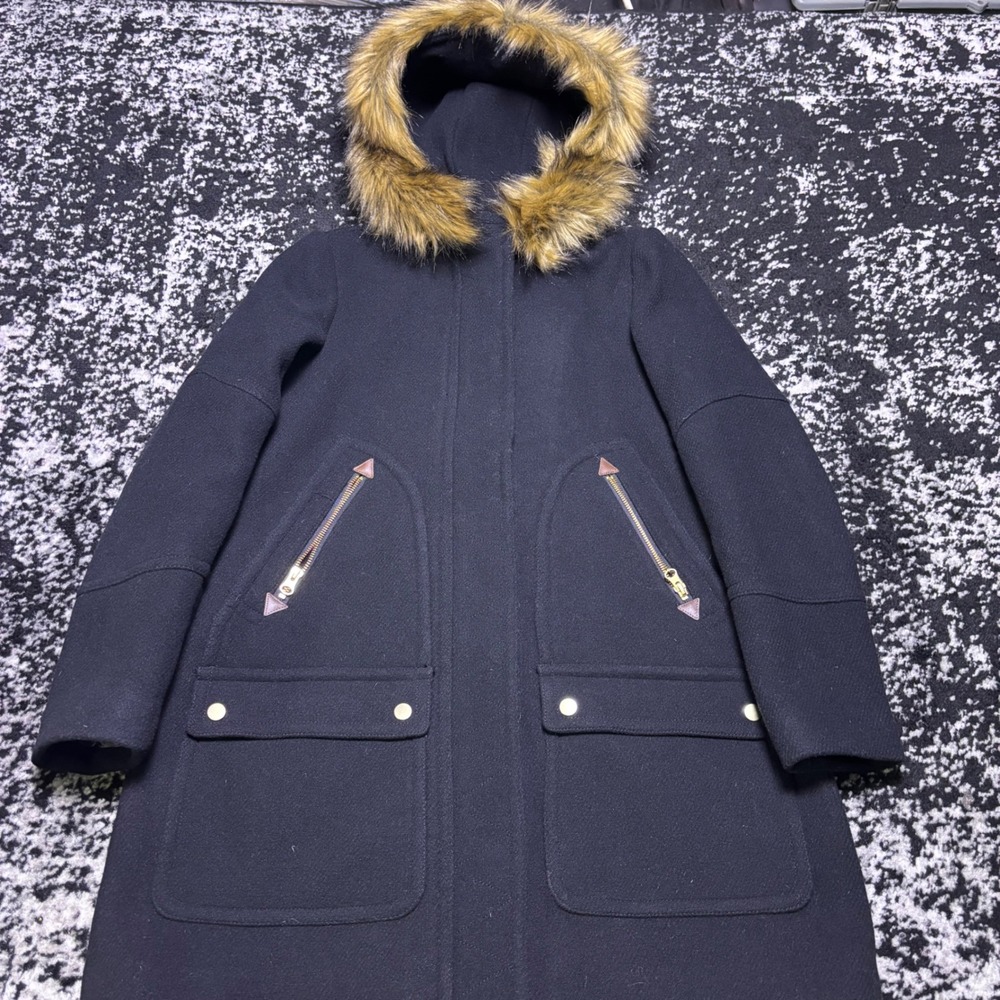 J.Crew Chateau Parka Italian Wool Coat Black Faux Fur Hood Size 2 E0368